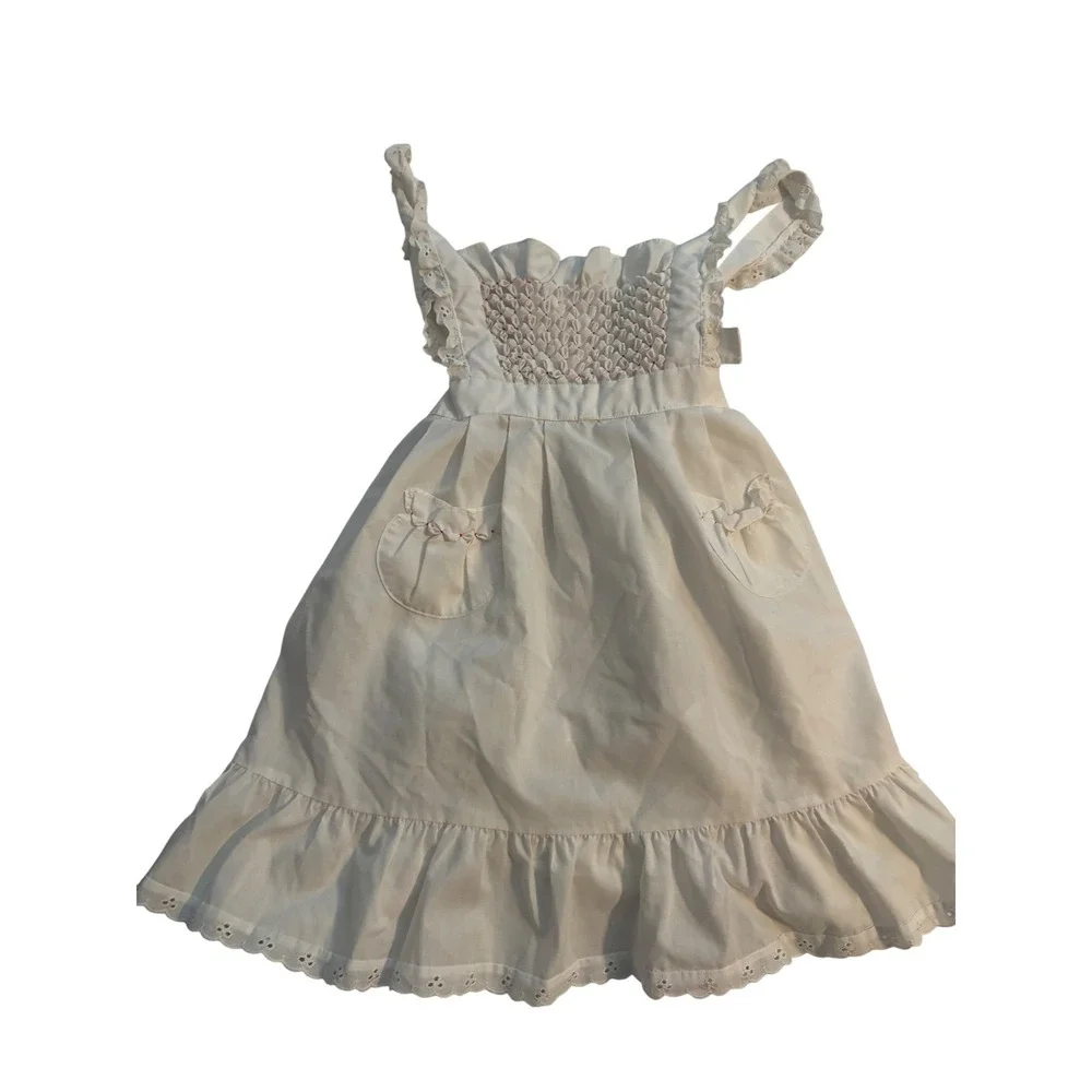 Vintage Smocked Pinafore Dress White Eyelet Lace‎ Bow Back Girl Size